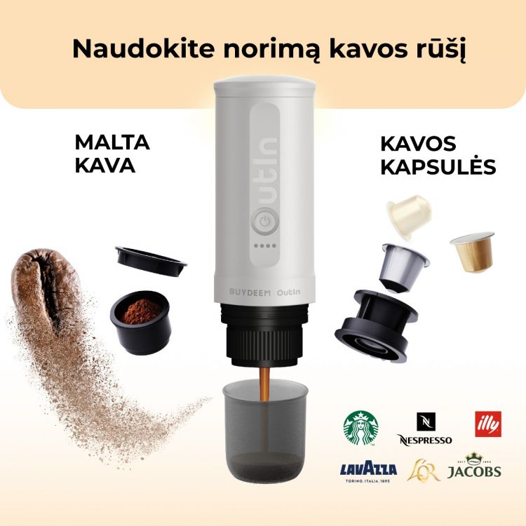 Buydeem nerūdijančio plieno nešiojamas espreso kavos aparatas, pilkšvai baltos spalvos