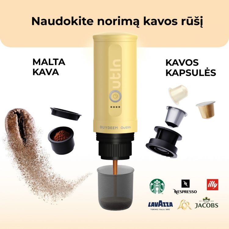 Buydeem nerūdijančio plieno nešiojamas espreso kavos aparatas, geltonos spalvos