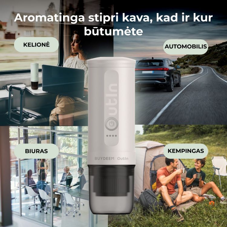 Buydeem nerūdijančio plieno nešiojamas espreso kavos aparatas, pilkšvai baltos spalvos